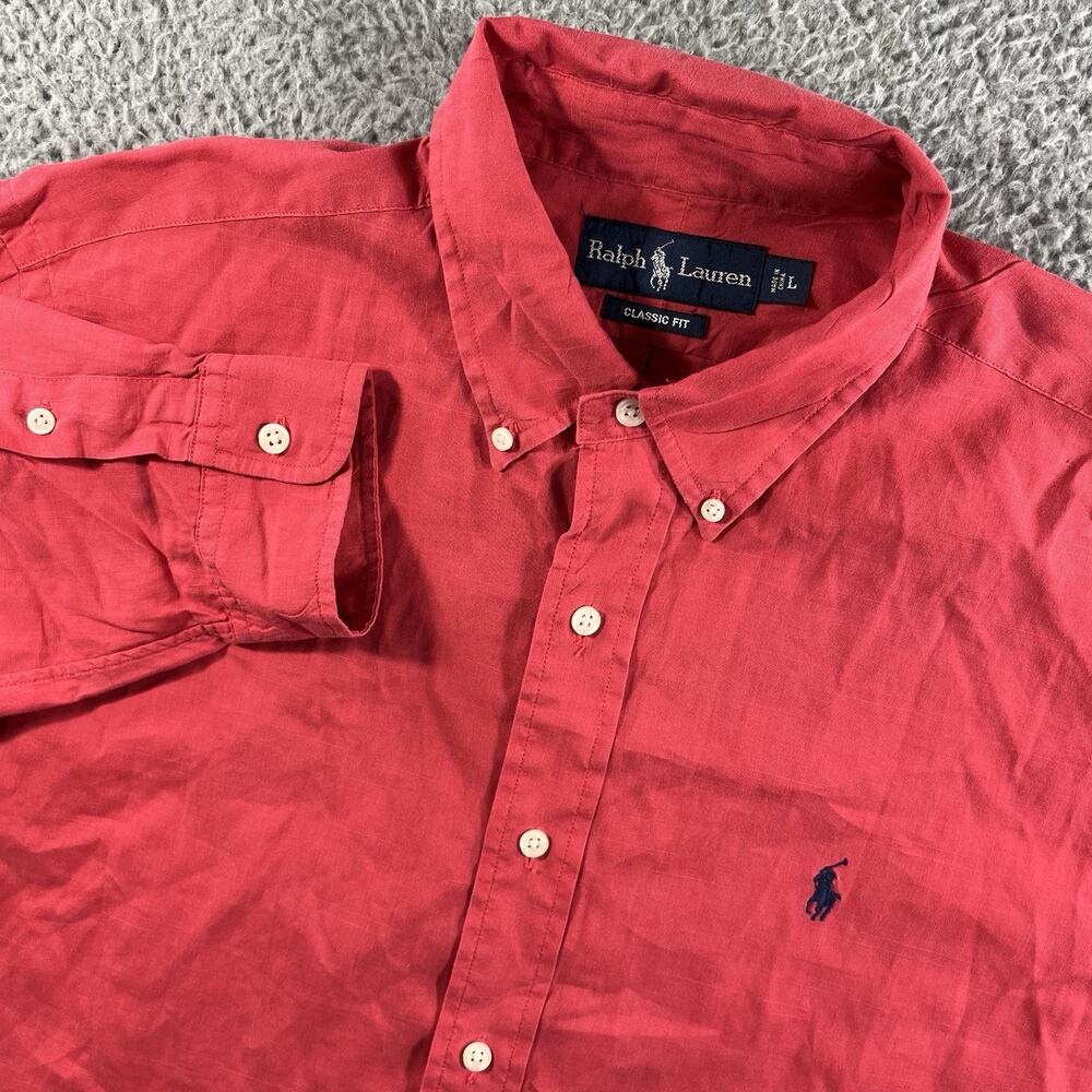 Polo Ralph Lauren Shirt Mens L Large Red Linen Cotton Classic Fit Long Sleeve